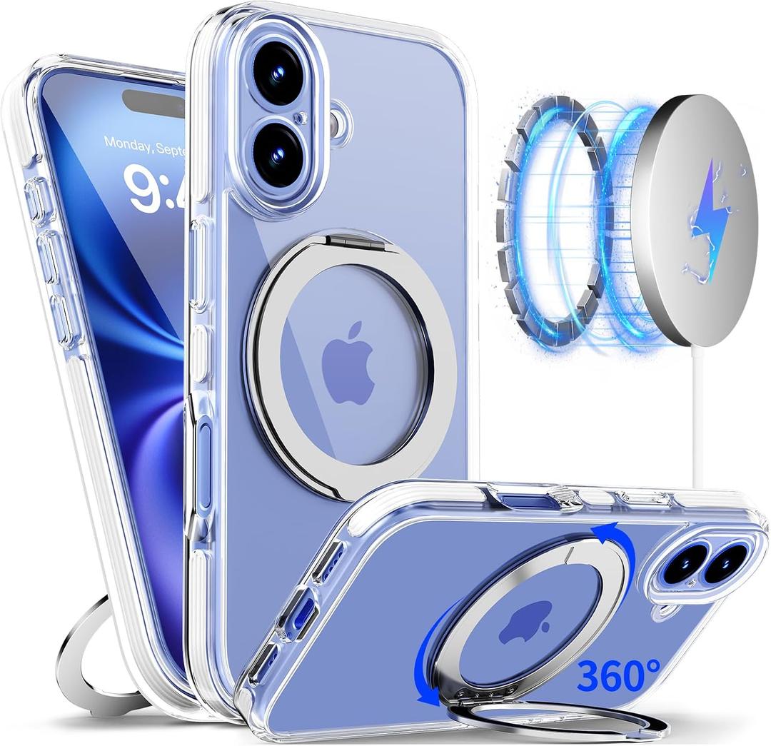 Magnetic for iPhone 16 Case with 360 Spin Stand [Compatible with MagSafe] [Military-Grade Protection] [Detachable Strip] Anti-Yellowing Slim Case for iPhone 16 6.1", White