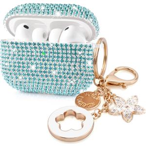 Bling Airpods iPods Pro 3 Case Cover 2025, VISOOM Rhinestone Airpods Pro 3 Cases Cute Glitter Jewelry Airpod iPod Pro3 Cases for Sparkly Apple AirPods iPods Pro 3rd Gen Case with Keychain for Women (J-Sky Cyan)