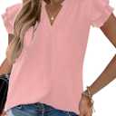 Sucolan Women's Summer Tops Dressy Casual Notch V Neck Ruffle Short Sleeve Flowy Shirts Cute Blouses Tops (Pink, S)