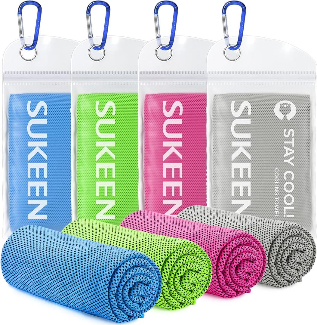 Sukeen 4 Pack Cooling Towels (40"x12"), Cooling Neck Wraps, Ice Towel, Soft Breathable Chilly Towel,Microfiber Towel for Yoga,Sport,Running,Gym,Workout,Camping,Fitness,Workout & More Activities (Blue/Grey/Green/Pink)