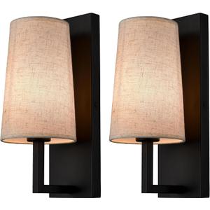 Farmhouse Black Wall Sconces Set of Two Modern 1-Light Hardwired Matte Black Wall Lamp with Fabric Shade Sconces Wall Lighting for Bedroom Hallway Living Room