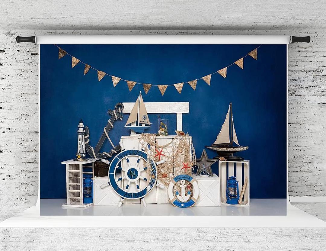 Kate Blue Nautical Theme Backdrop for Birthday Party Summer Sailing Photography Background Photoshoot Studio Props, 7x5ft