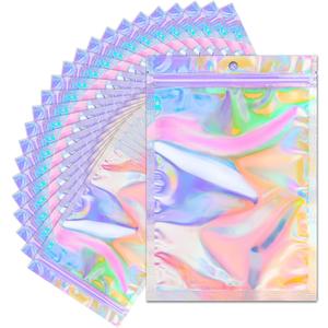 100 PCS Holographic Mylar Bags 5" x 7" Resealable Smell Proof Bags Holographic Rainbow Color Foil Pouch Zip Bag for Party Favor Food Storage, Coffee Beans, Candy & Jewelry Packaging