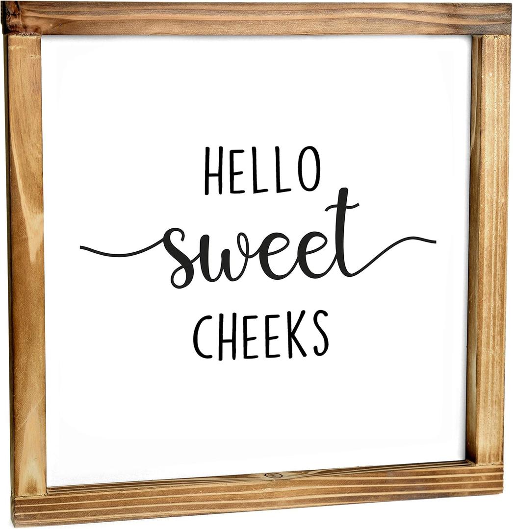 3 x Hello Sweet Cheeks Bathroom Sign Framed 12x12 Inch - Hey Sweet, Wooden Bathroom Signs Farmhouse Sign Hello Sweet Cheeks Bathroom Decor Bath Sign Rustic