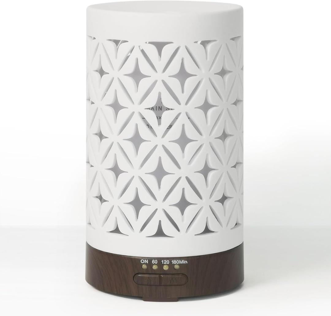 Earnest Living Essential Oil Diffuser for Home White Ceramic 100ml Aromatherapy Diffuser with 4 Timers 7 Night Lights and Auto Off Function (no Beep!) for Essential Oils Version 2 (Ceramic Hollow 100 Ml)