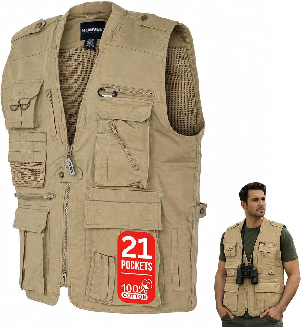 Humvee Utility Vest with 21 Pockets -Travel, Safari, Hunting, Camping, 100% Cotton, Tactical Jacket for Men & Women (Beige, M)