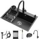 Black Kitchen Sink with Faucet, Top Mount/Drop-In 3 Hole Single Bowl Stainless Steel Sink with Cup Washer, Soap Dispenser, Drainage kit for Bar, Kitchen, Balcony (19.7 * 17.7in)