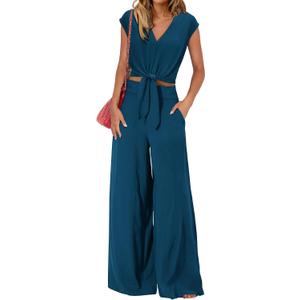 PRETTYGARDEN Women's Summer 2 Piece Outfits 2026 Cap Sleeve V Neck Belted Crop Tops Wide Leg Pant Sets Casual Tracksuit (Blue, L)