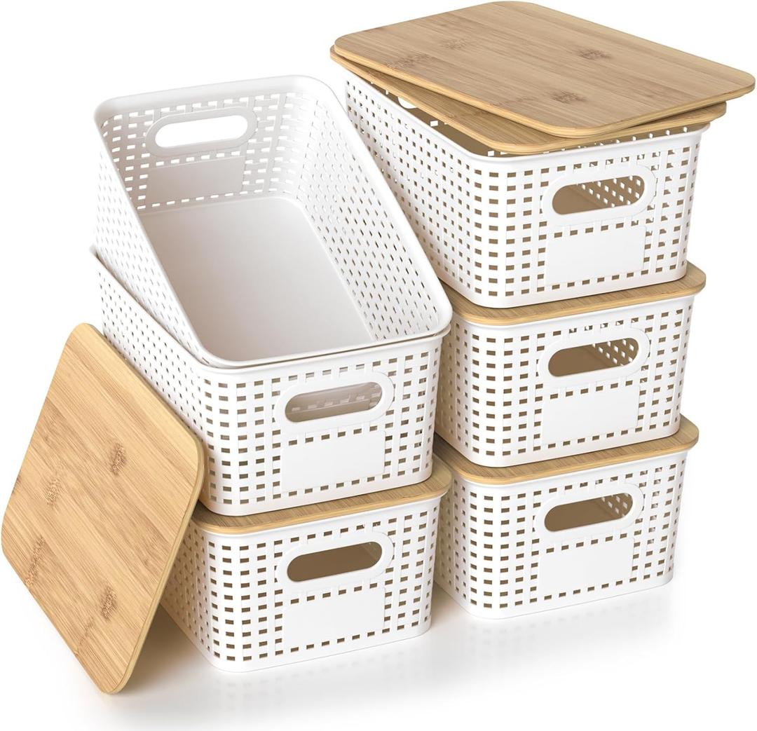 Plastic Storage Baskets with Bamboo Lids, Stackable Small Box Bins for Organizing and Containers for Shelves Drawers Desktop Closet Pantry Classroom Office Home, 6 Pack 10.2x7.2x4.1 Inch, White