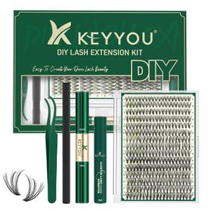 KEYYOU Lash Extension Kit DIY 300Pcs Lash Clusters Eyelash Extension Kit 30D C Curl 9-18MIX Lash Clusters Kit with Lash Glue Remover Applicator Easy to Use for Beginners(Kit,30D-C,9-18MIX)