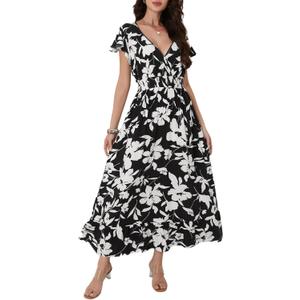 Women's Black Floral Maxi Dress Casual Sleeveless V-Neck Vacation Beach Summer Dress for Women (XL)