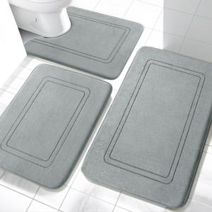 YIHOUSE Memory Foam Bath Mat Set, Non Slip Bath Mats for Bathroom, Super Soft and Water Absorbent Bath Rug Set, Machine Washable U Shape Toilet Mats, Light Grey (3pieces)