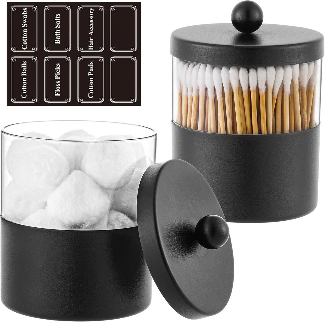 Gaussra Black Apothecary Jars, Black Qtip Holder - Stainless Steel Bathroom Jar with Stickers - Farmhouse Decor Qtip Dispenser for Qtips, Cotton Balls, Swabs, Makeup Sponges (2-Pack)