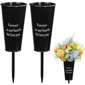 Metal Cemetery Vases, 2 Pcs Metal Grave Memorial Grave Vases with Stakes Graveside Flower Holder Grave Flower Vase for Grave Outdoor Lawn Yard Funeral Decorations (Black), HP-TP-ZD-2P