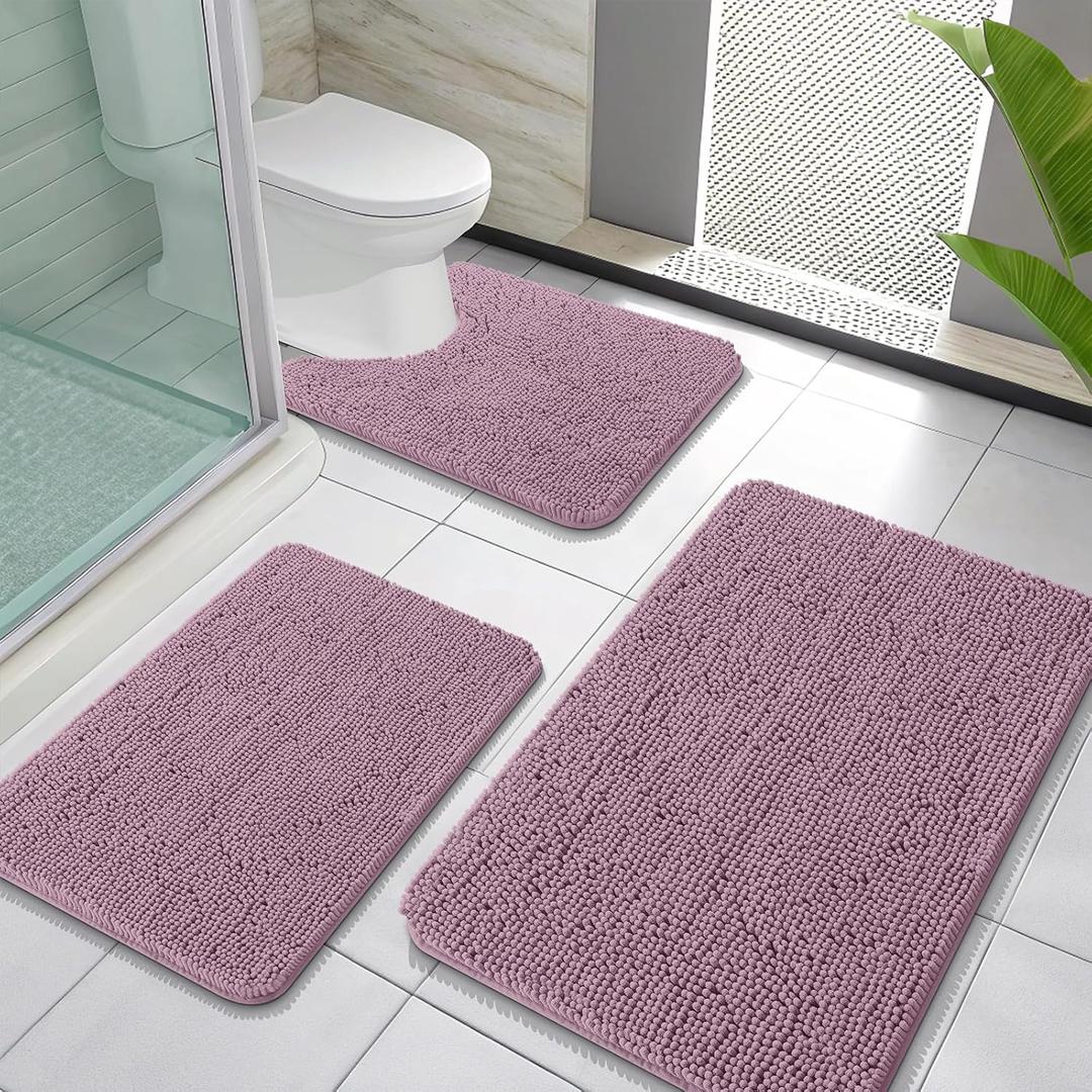 OLANLY Bathroom Rugs Sets 3 Piece, Soft Absorbent Chenille Bath Mats and U-Shaped Contour Toilet Rug, Quick Dry, Home Decor Accessories, Bath Mat Set for Bathroom (30"x20"+24"x16"+24"x20", Deep Plum)