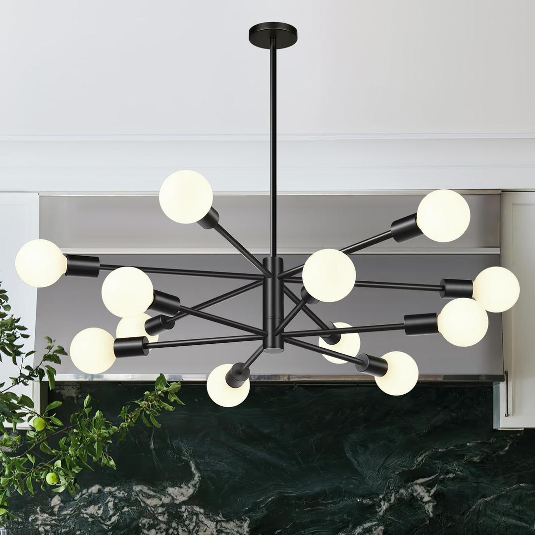 33" Modern Chandelier Ceiling Light Fixture, 12-Light Sputnik Chandeliers Matte Black Mid Century Chandelier Over Table, Height Adjustable Chandeliers for Dining Room Living Room (Bulbs Not Included)