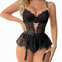 Women Lingerie Set Naughty Lace Bodysuit High Waisted Underwire Lingerie Babydoll With Garter Belt and Stockings (Black, XL)