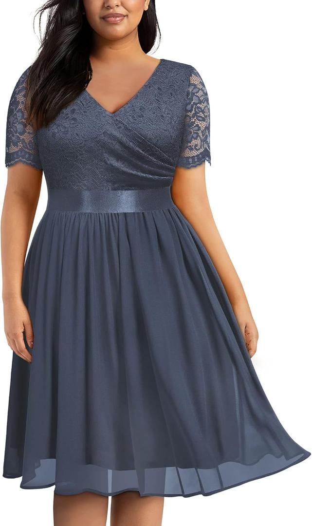 Miusol Women's Formal V Neck Floral Lace Contrast Chiffon Plus Size Ruffle Bridesmaid A-line Party Dress (Grey) - 1XL