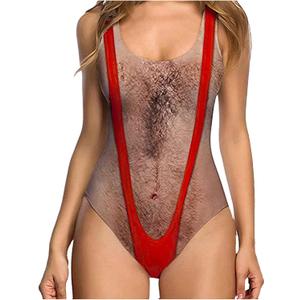 One Piece Swimsuits for Women Hairy Chest Bathing Suit Funny Novelty Fake Muscles Beachwear Borat Swimsuit (Medium)