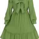 Cubear Girls Fall Dress Tie Back Long Sleeve Ruffle Square Neck A Line Swing Casual Dresses, 5-14 Years Old (Green, S)