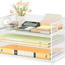 Subekyu 3 Tier Letter Tray Paper Organizer with Handle, 1 PC Sliding Tray, White Metal Mesh Desk File Folder Paper Sorter Organizer for Home Office School Desk Supplies Organization Storage