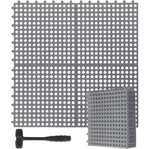 8 Pack Drainage Tiles Modular Interlocking Floor Tiles with 1 Pc Plastic Hammer 12" x 12" Cushion Mat Non Slip Rubber Floor mat with Holes for Pool Bathroom Deck Kitchen Patio (Gray) (Grey)