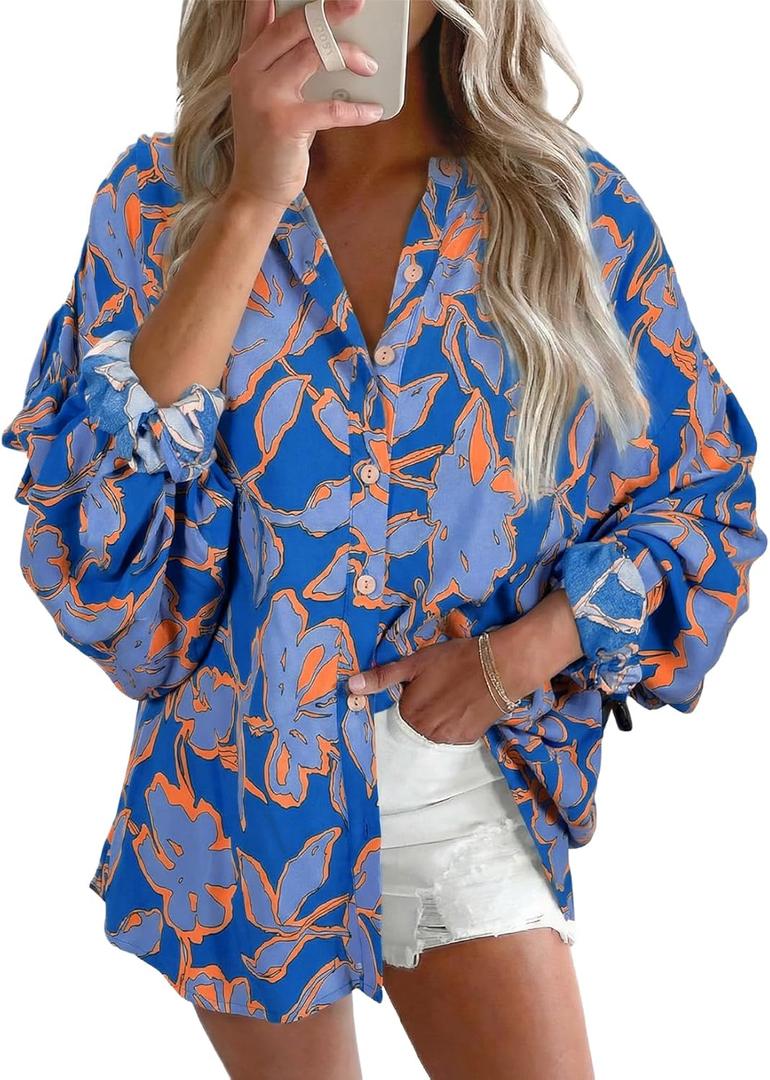 Astylish Womens 2026 Boho Floral Loose Spring Summer Tops Lantern Sleeve Flowy Blouses V Neck Button Down Shirts (M)