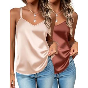 Zeagoo Silk Camisole Tops for Women 2025 V Neck Satin Tank Top Spaghetti Strap Cross Back Sleeveless Summer Blouses S XL