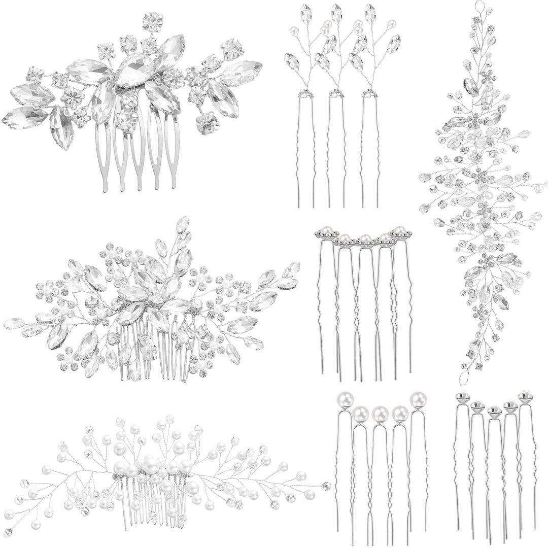 Maitys 44 Pieces Wedding Hair Accessories Faux Pearl Crystal Comb Clips U-shaped Flower Rhinestone Silver Pearl Hair Pieces for Prom Bride Bridesmaid(Elegant Style)