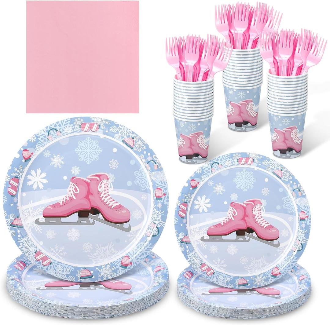 Zubebe 120 Pcs Ice Skating Party Supplies Roller Skating Paper Plates and Napkins Skate Birthday Party Decorations Disposable Tableware Winter Wonderland Paper Plate Sets, Serve for 24 Guests