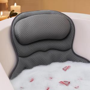 Bath Pillow, Luxury Bath Pillows for Tub, Relaxing Bathtub Pillows for Head and Neck Support, with 4D Air Mesh Fabric and Powerful Suction Cups, Great Bath Tub Accessories, Gray