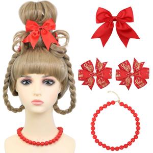 Christmas Costume Wig for Kids Girls Blonde Braided Synthetic Wig with Red Bow Hair Clip and Necklace for Halloween Christmas Celebration Party Christmas Costume Wig for Kids Girls Blonde Braided Synthetic Wig with Red Bow Hair Clip and Necklace for Halloween Christmas Celebration Party