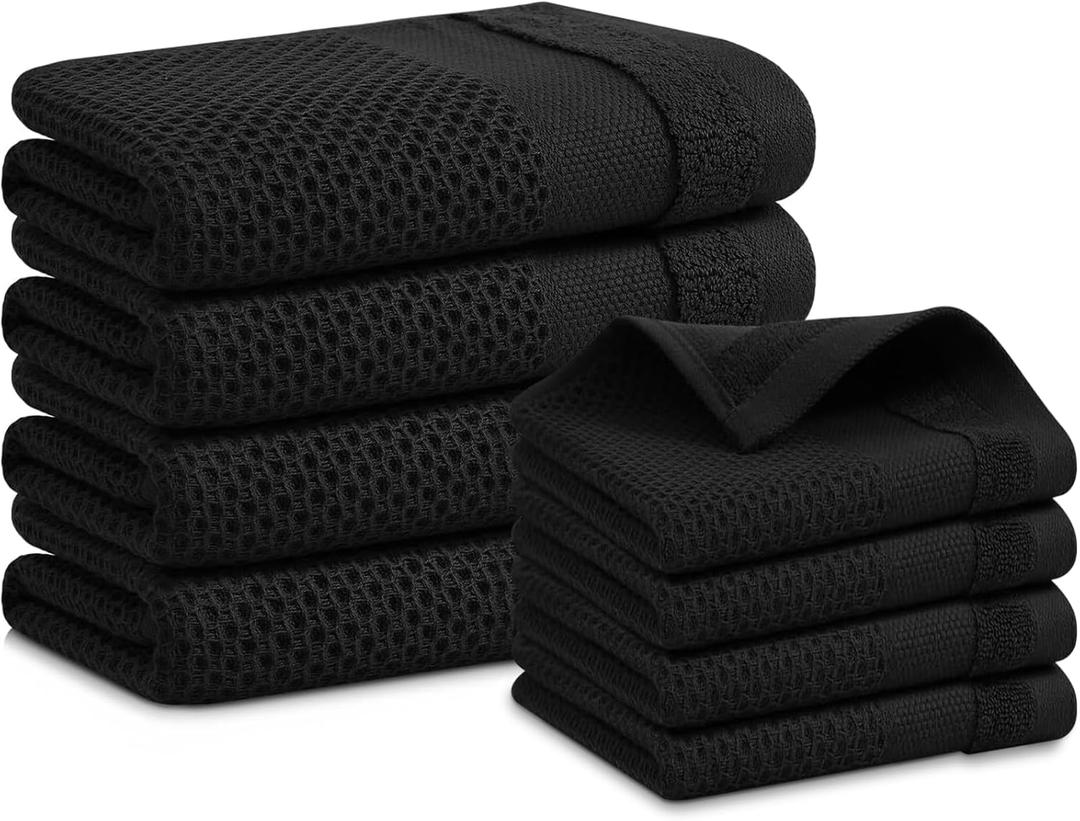 Homaxy Kitchen Towels and Dishcloths Set, 12 x 12 and 13 x 28 Inches, Set of 8 100% Cotton Waffle Weave Kitchen Towels, Super Soft and Absorbent Dish Cloths, Black