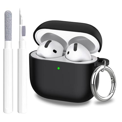 Aircawin for Airpods 4 Case Cover,Shockproof Case for Airpods 4th Generation Case Cover 2024,Premium Silicon Case with Keychain and Cleaing Pen for Wireless Earphones,Headphone Accessories-Dark