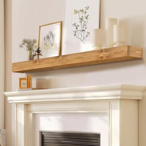 Fireplace Mantel Handmade, 3'' Thick Wall Decor Long Floating Shelf, 48inch Rustic Wood Shelf with Invisible Brackets, Wood Color