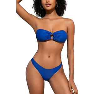 SHEKINI Sexy Women's Bandeau Bikini Set Halter O Ring Strapless Tie Back High Cut Two Piece Swimsuit Bathing Suits (Large)