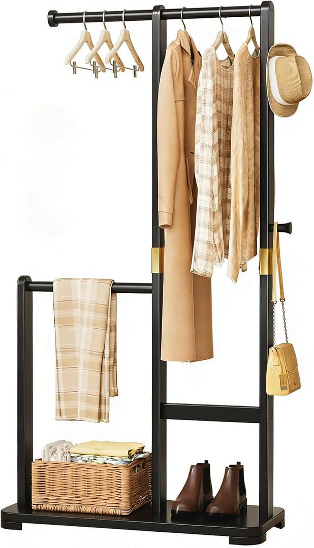 Solid Wood Coat Rack, Freestanding Standing Clothes Rack with Double Hanging Rods for Coats, Jackets, Wooden Coat Tree Garment Rack for Bedroom Entryway Hallway, Space Saving Small Coat Rack