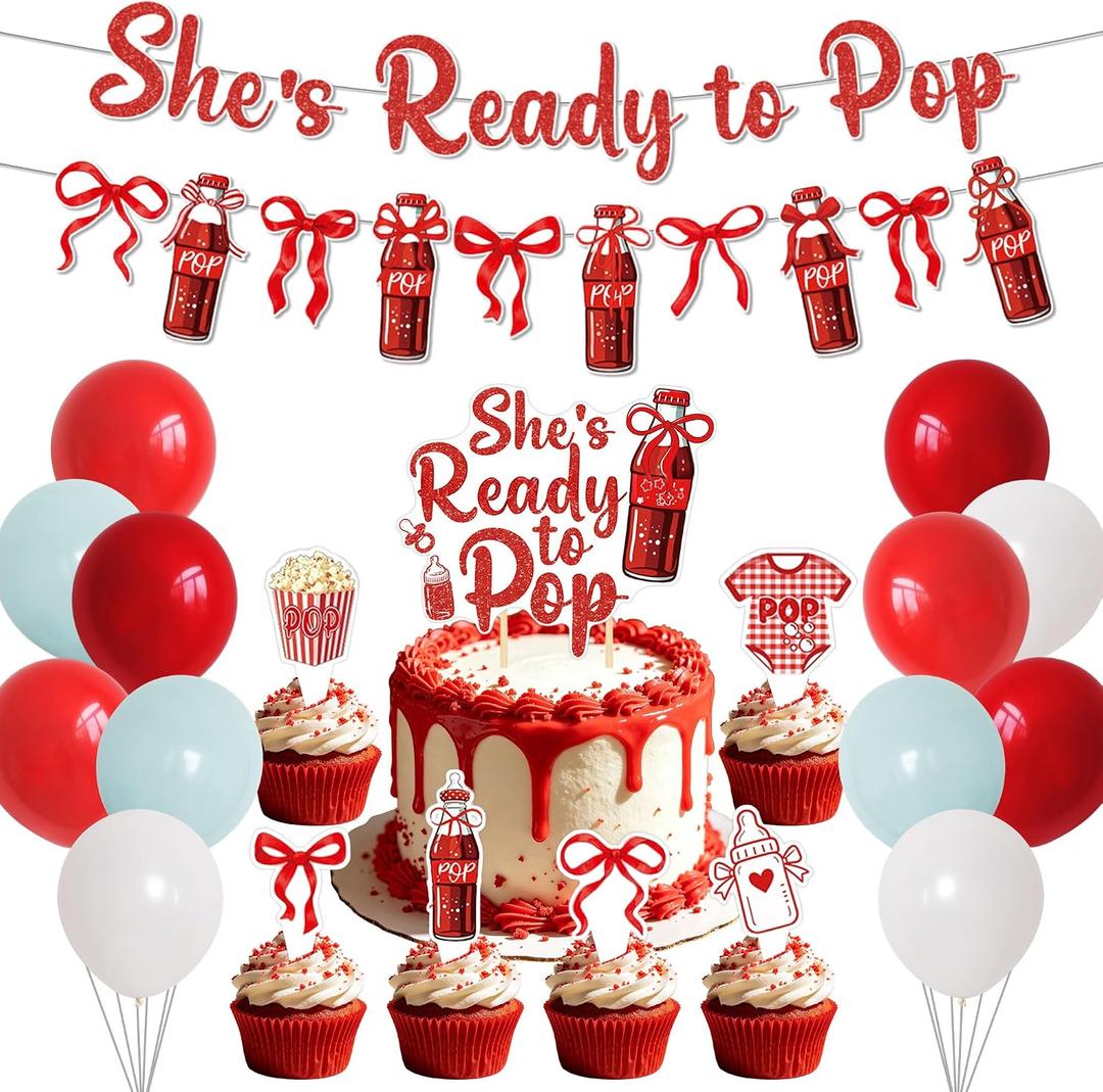 2 x Shes Ready to Pop Baby Shower Decoration She's About to Pop Banner Balloons | Retro Soda Cake Cupcake Toppers Soda Bar Baby Shower Gender Reveal Party Supplies She's About to Pop Banner Balloons