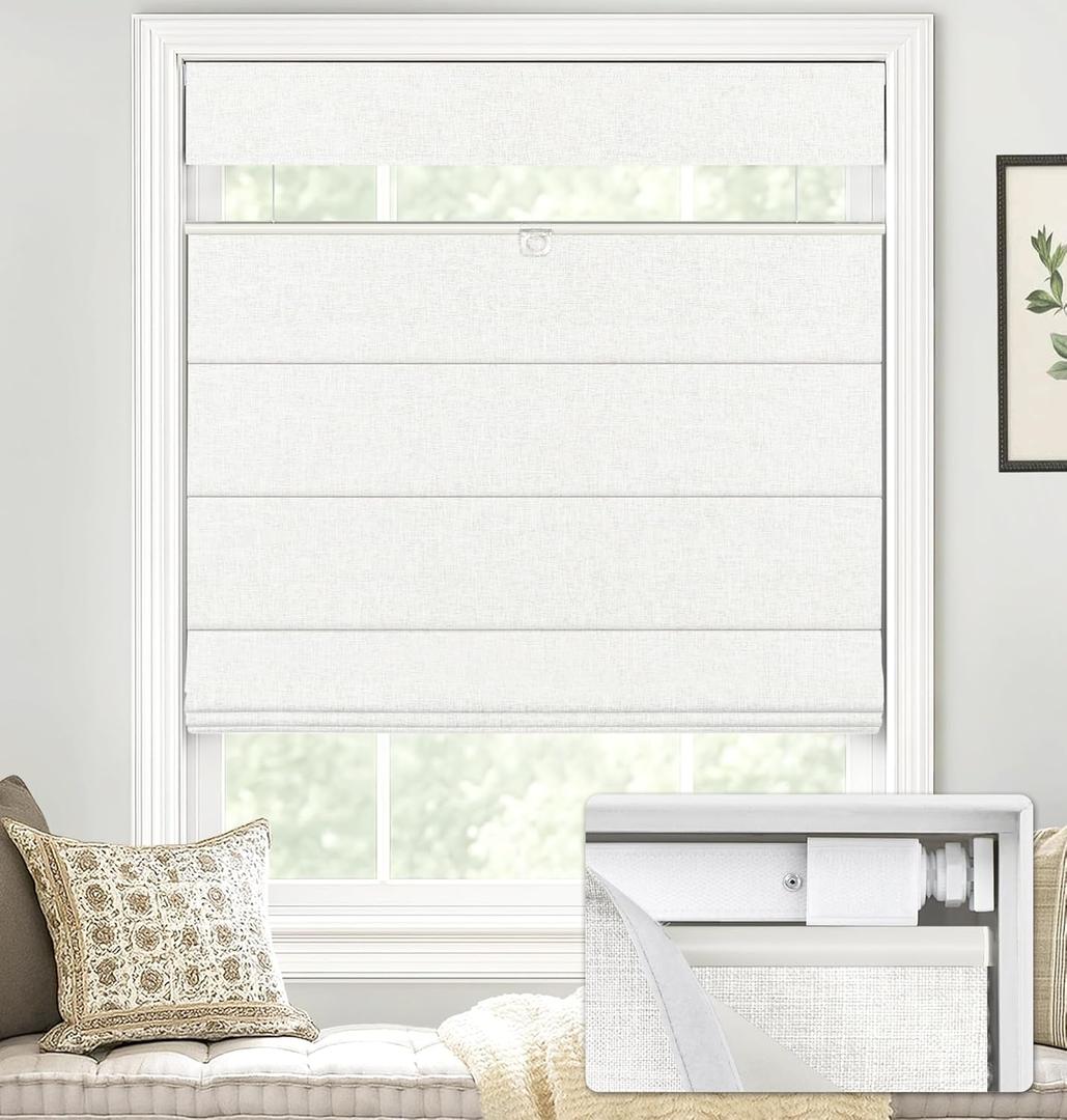 LazBlinds No Tools No Drill TDBU Cordless Roman Shades for Window, Thermal Insulated UV Blocking, 100% Blackout Fabric Blinds for Bedroom & Living Room, 29" W x 64" H, Blackout - White