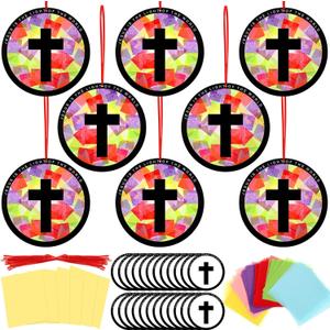 Motipuns 32 Sets Christian Cross Ornaments Craft Kit, VBS Religious DIY Cross Suncatchers Stained Glass Effect with Tissue Paper Window Art for Sunday School Church Decor