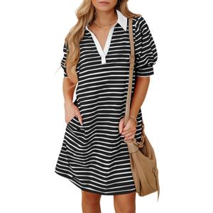 BLENCOT Women's Casual Polo V Neck T Shirt Striped Dress Summer Puff Short Sleeve MIdi Dresses (S)