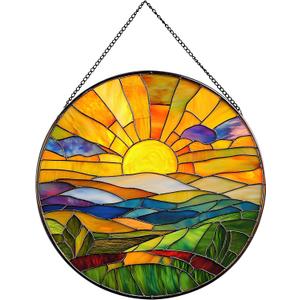 Hanging Stained Glass for Windows,20cm/7.87inch Sunrise Stained Glass Suncatcher Garden Hangings Christmas Mother's Day, Valentine's Day Ornaments Festival Housewarming Gift