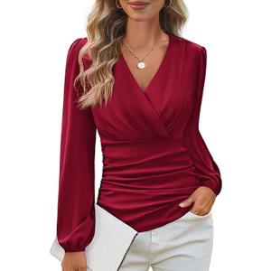 GRACE KARIN Long Sleeve Blouses for Women Dressy Casual, Wrap Tops Work Shirts, 2026 Spring Business Outfits (Medium, Red)