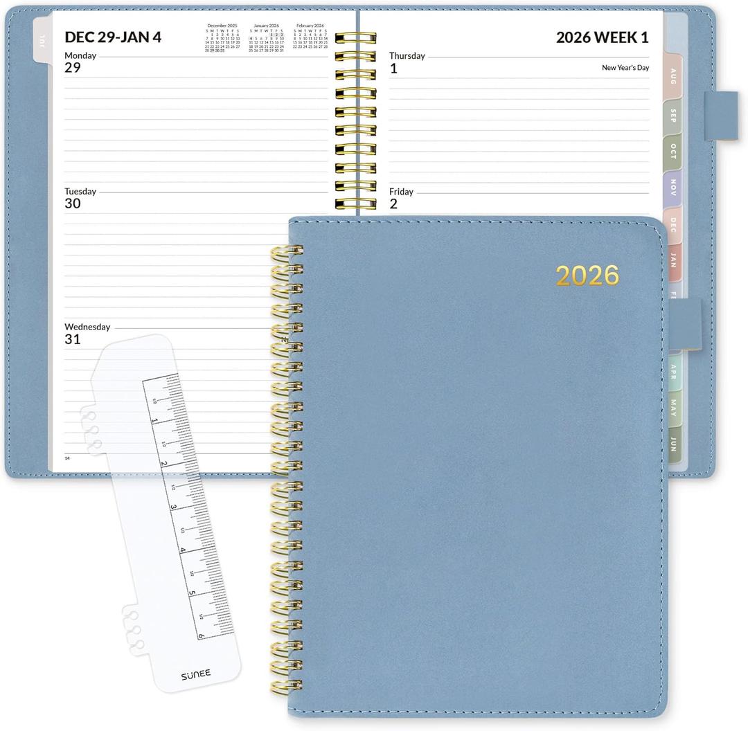 SUNEE 2026 Weekly & Monthly Planner 6.4"x8.5"- 12 Month (January 2026 - December 2026), Vegan Leather Cover, Pocket, Bookmark, Notes, Monthly Tab, Gray Blue