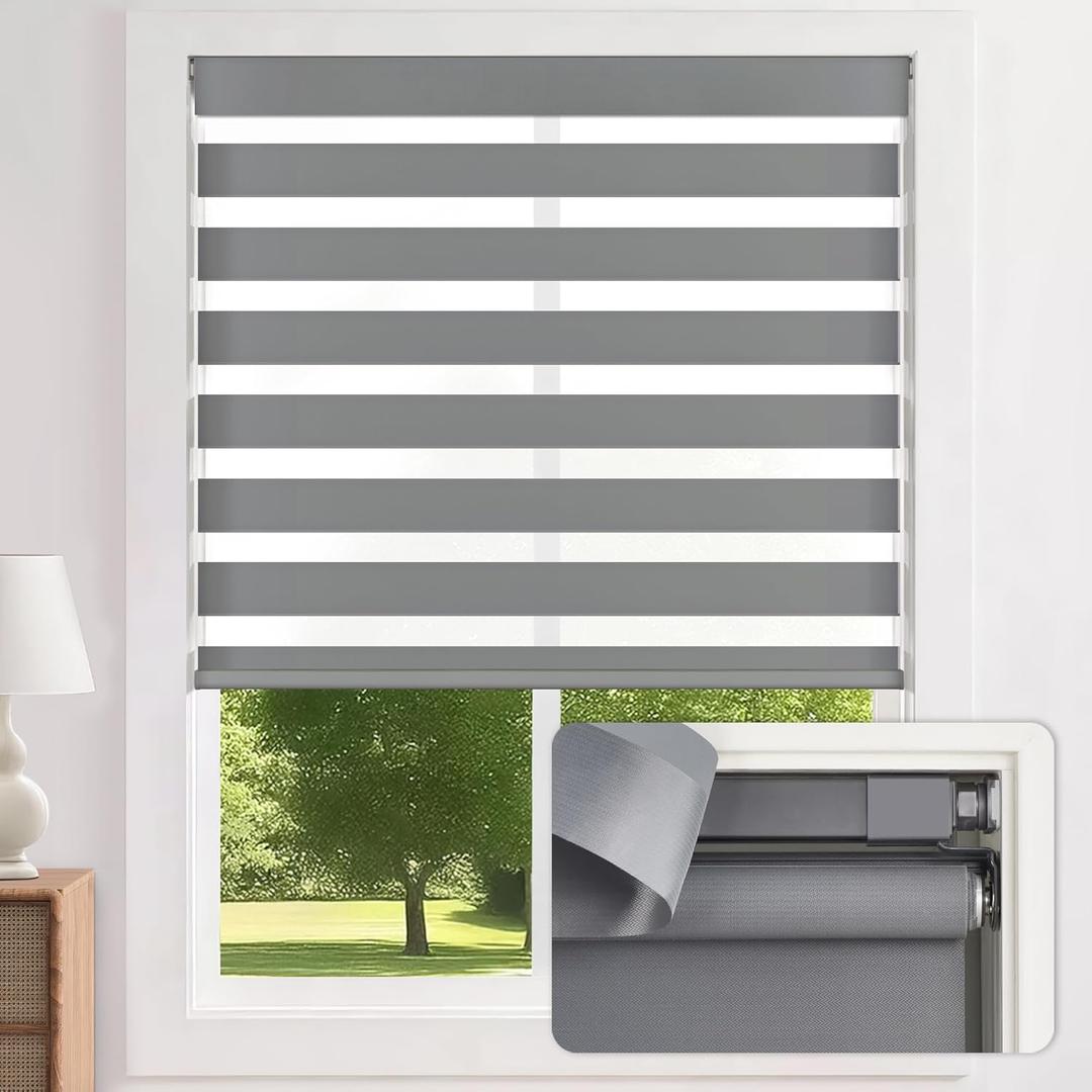 LazBlinds No-Drill Cordless Zebra Blinds - Dual Layer Light Filtering & Room Darkening, Free-Stop Lift, Easy Install, Day & Night Privacy with Valance for Window 34" W x 72" H, Grey