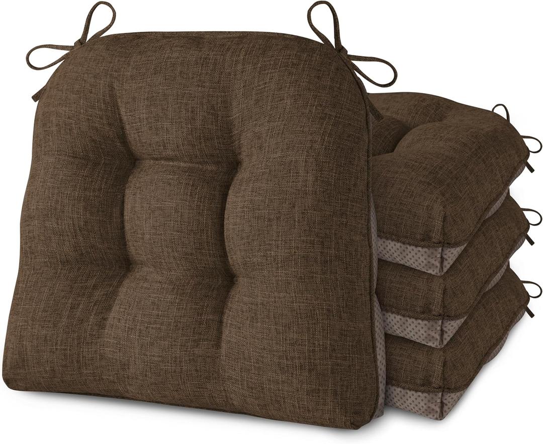 AddGrace Chair Cushions for Dining Chairs Set of 4 Kitchen Seat Cushions with Ties and Non Slip Backing Tufted Indoor Seat Pad for Kitchen Dining Room 18" x 17" x 3" Coffee