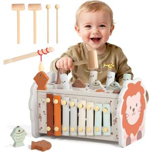 Fajiabao Wooden Montessori Toys for 1 Year Old Boy 4 in 1 Toddler Learning Toys with Number Maze, Pounding Bench, Xylophone, Fishing Game Baby Sensory Toys Birthday Gifts for 1+ Year Old Boys & Girls