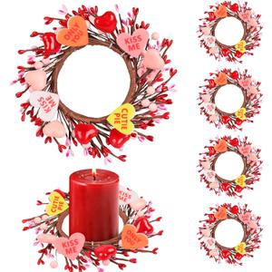 Valentine Candle Rings, 6 Pcs Conversation Heart Decor for Pillar Candles, Red Pink Felt Mini Wreath with Love Messages for Table, Cabinet, Candy Heart Centerpiece, Wedding & Home Decor