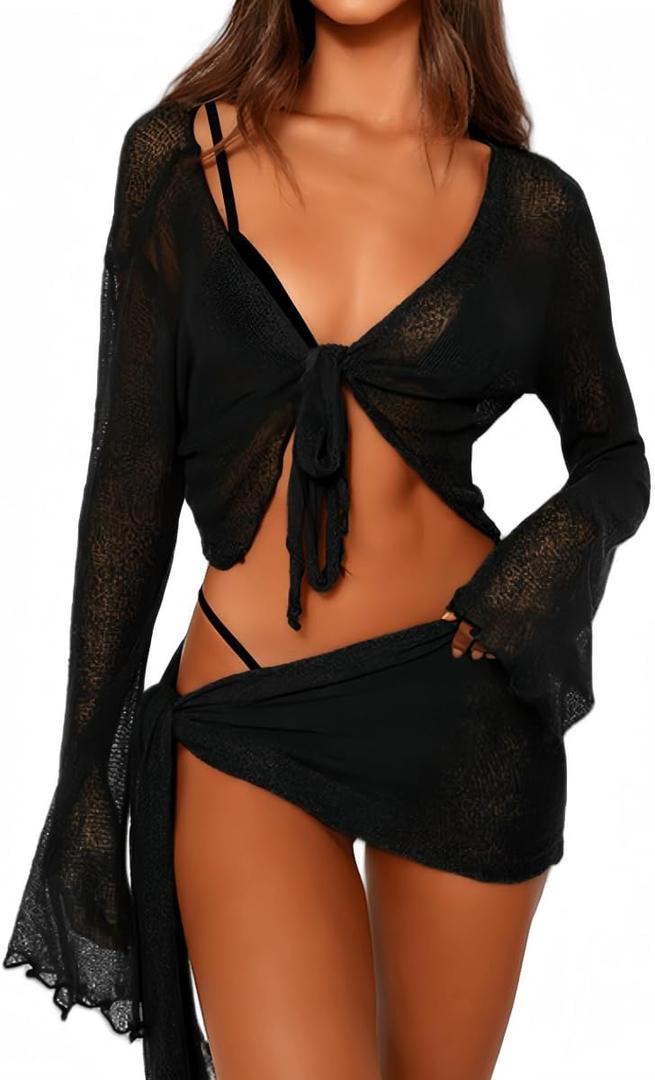 Women's 2 Pieces Outfits Mesh Perspective Suit Swimming Beach Long Sleeve Crop Top and Mini Skirt Set (Black), Size: Small