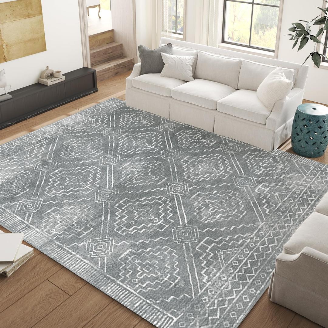 jinchan Moroccan 8x10 Area Rugs for Living Room - Machine Washable Soft Modern Geometric Stain Resistant Ultra-Thin Low-Pile Large Rug Carpet for Bedroom Kitchen Dining Room(8x10ft, Dark Grey)